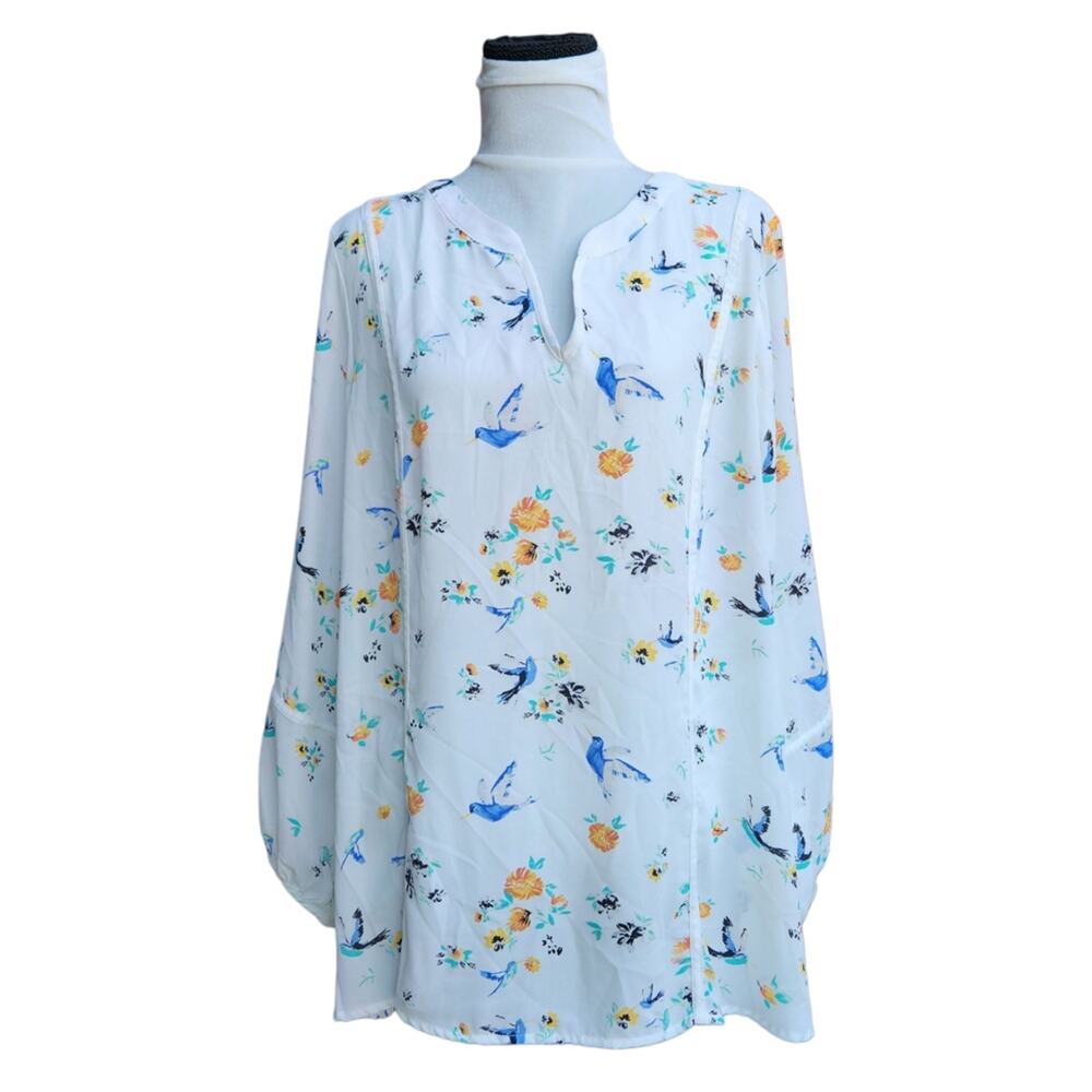 Marybelle Size 2X White Floral Tunic Blue Birds Long Sleeve Relaxed Fit